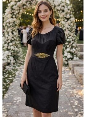 Nwt 360$ NUE By Shani Shapewear Black Puff-Sleeve Cocktail Dress Gold Wedding 90